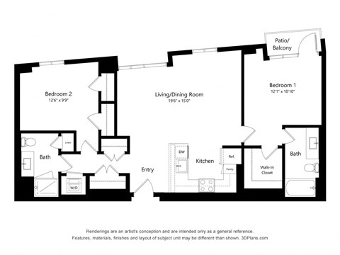 Floor plan for 2 beds, 2 baths, 1102 sqft